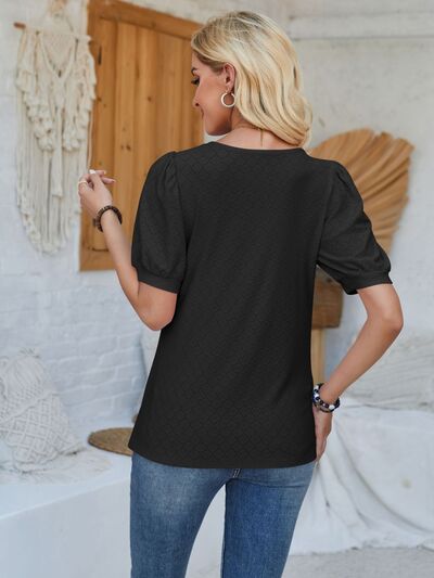 Eyelet Asymmetrical Neck Short Sleeve Shirt