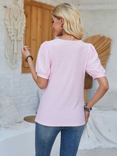 Eyelet Asymmetrical Neck Short Sleeve Shirt