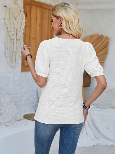 Eyelet Asymmetrical Neck Short Sleeve Shirt