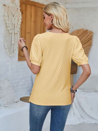 Eyelet Asymmetrical Neck Short Sleeve Shirt