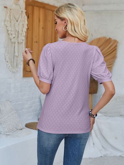 Eyelet Asymmetrical Neck Short Sleeve Shirt
