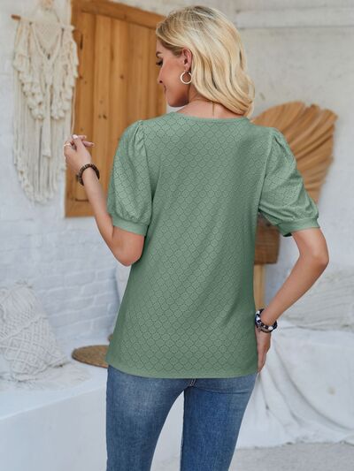 Eyelet Asymmetrical Neck Short Sleeve Shirt