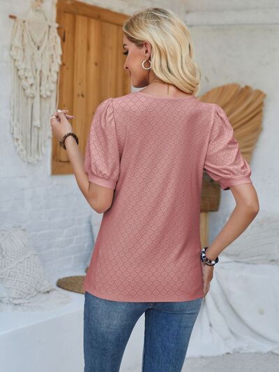 Eyelet Asymmetrical Neck Short Sleeve Shirt