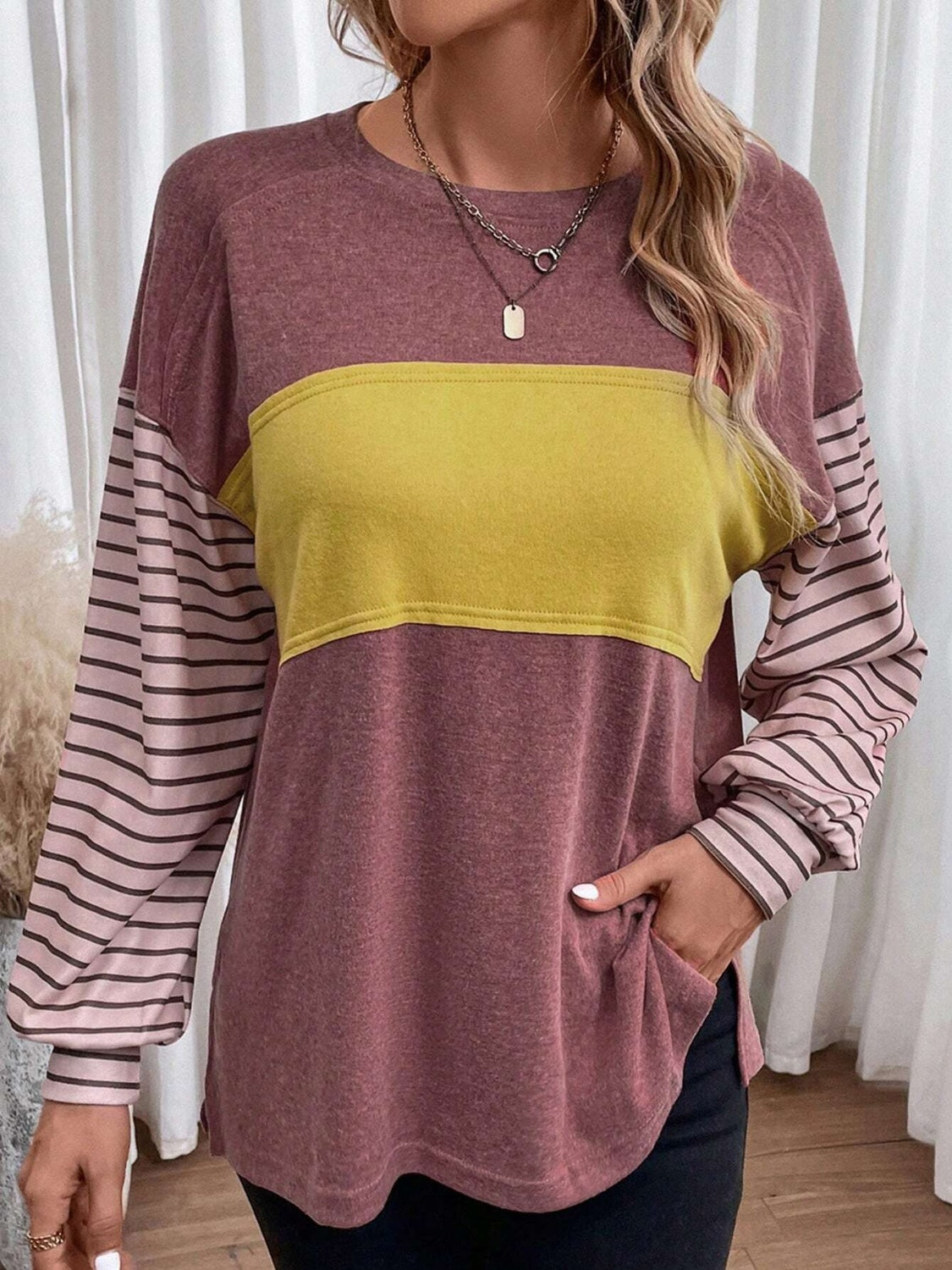 Round Neck Striped Long Sleeve Slit Shirt