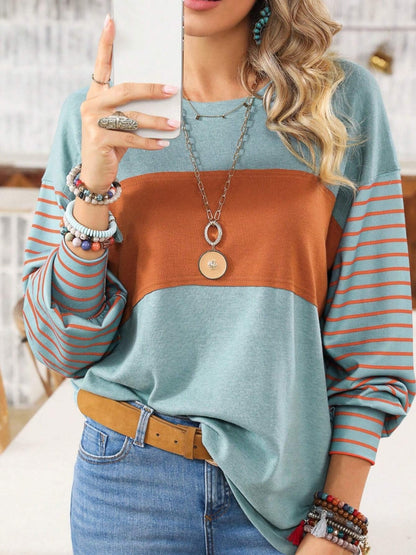 Round Neck Striped Long Sleeve Slit Shirt