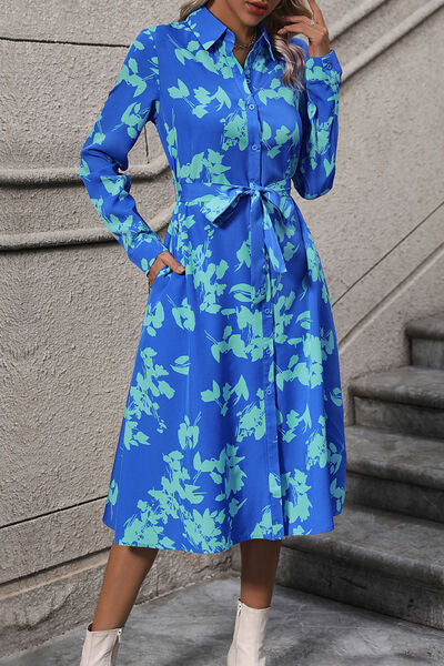 Printed Button Up Tie Waist Dress