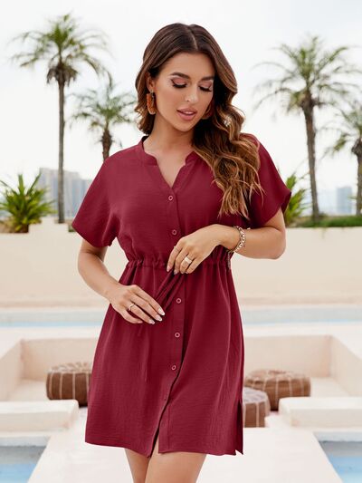 Drawstring Notched Button Up Short Sleeve Shirt