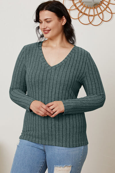 Basic Bae Full Size Ribbed V-Neck Long Sleeve Shirt