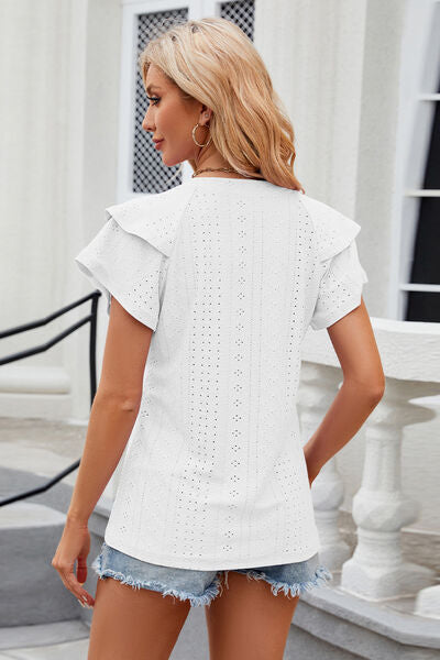 Eyelet Notched Short Sleeve Shirt