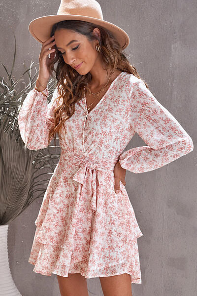 Floral Surplice Balloon Sleeve Layered Dress