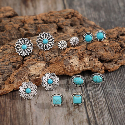 Turquoise Alloy Stud Earrings - 6 pair