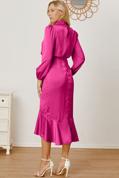 Mock Neck Ruffled Asymmetrical Dress