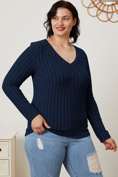 Basic Bae Full Size Ribbed V-Neck Long Sleeve Shirt