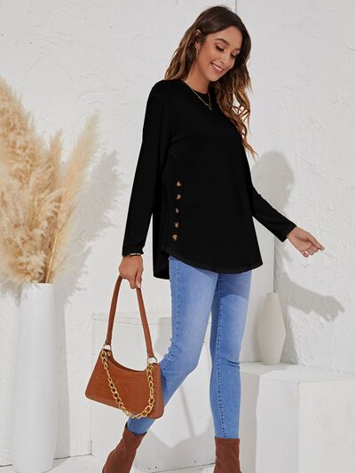 Decorative Button Round Neck Long Sleeve Shirt