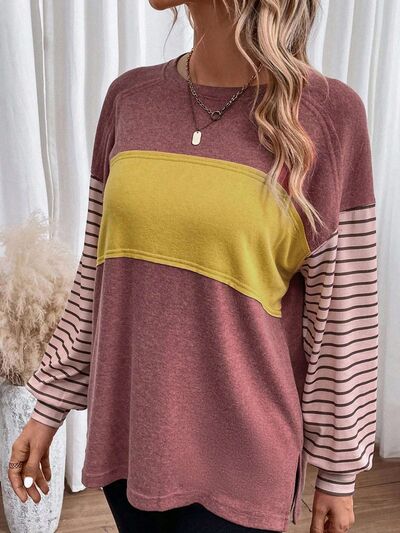 Round Neck Striped Long Sleeve Slit Shirt