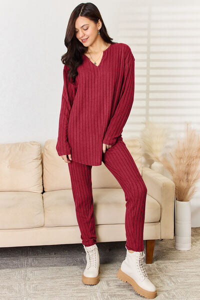 Basic Bae Notched Long Sleeve Top & Bottom Travel Set