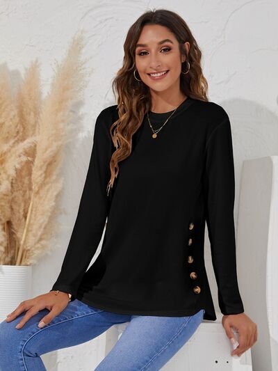 Decorative Button Round Neck Long Sleeve Shirt