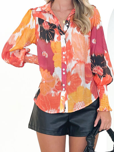 Printed Lantern Sleeve Button Up Shirt