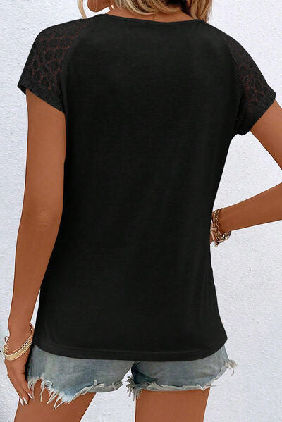 Cutout Round Neck Lace Short Sleeve T-Shirt