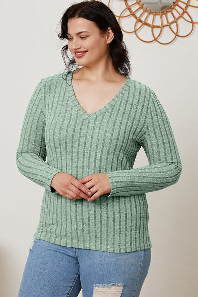 Basic Bae Full Size Ribbed V-Neck Long Sleeve Shirt