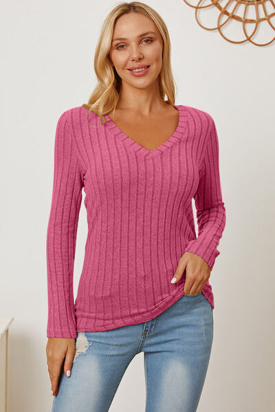 Basic Bae Full Size Ribbed V-Neck Long Sleeve Shirt