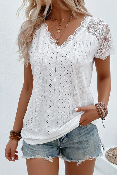 Eyelet Lace Detail V-Neck Shirt