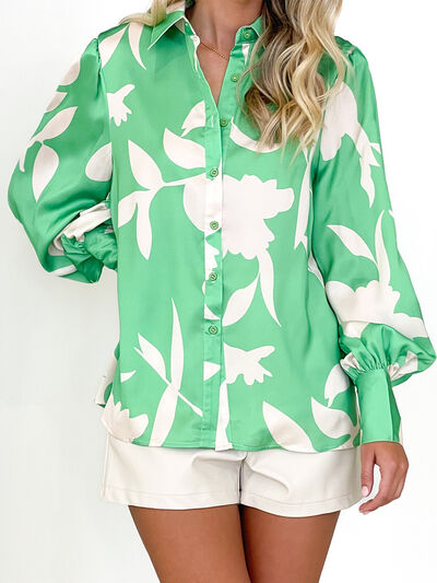 Printed Button Up Lantern Sleeve Shirt