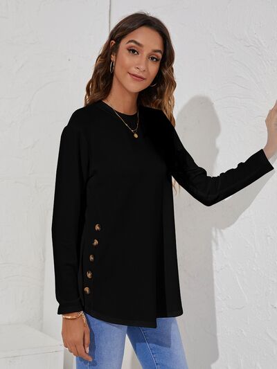 Decorative Button Round Neck Long Sleeve Shirt