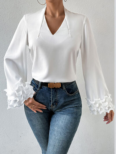 Lettuce Hem V-Neck Long Sleeve Blouse