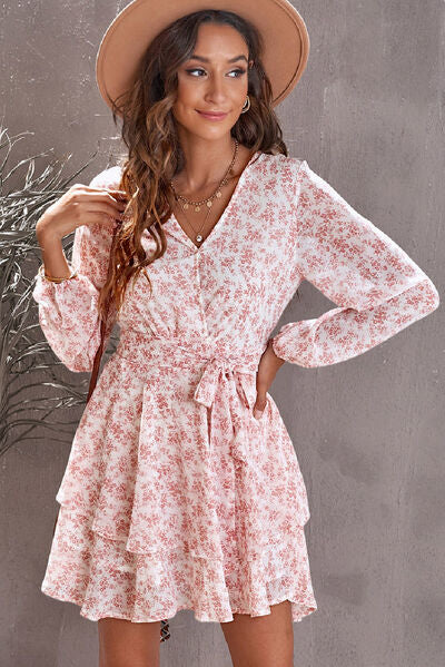 Floral Surplice Balloon Sleeve Layered Dress