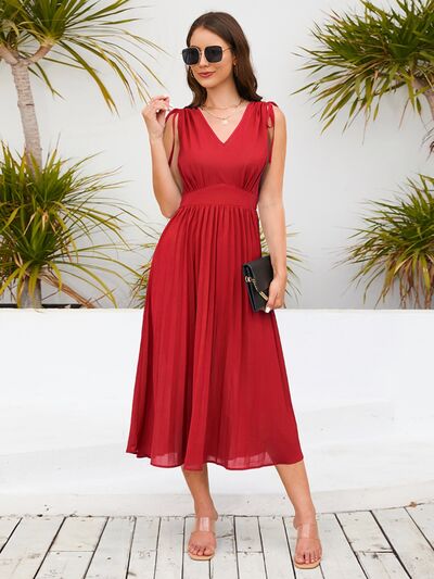 Pleated V-Neck Sleeveless Midi Dress