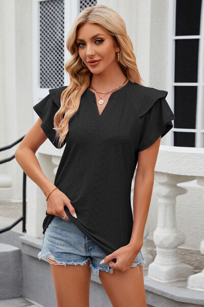 Eyelet Notched Short Sleeve Shirt