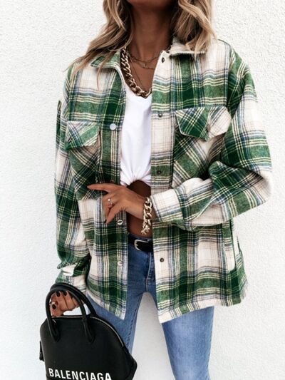 Pocketed Plaid Snap Down Dropped Shoulder Jacket