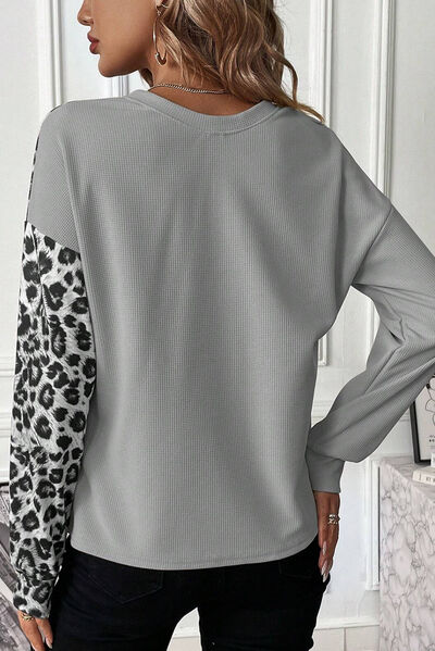 Leopard Color Block Round Neck Shirt