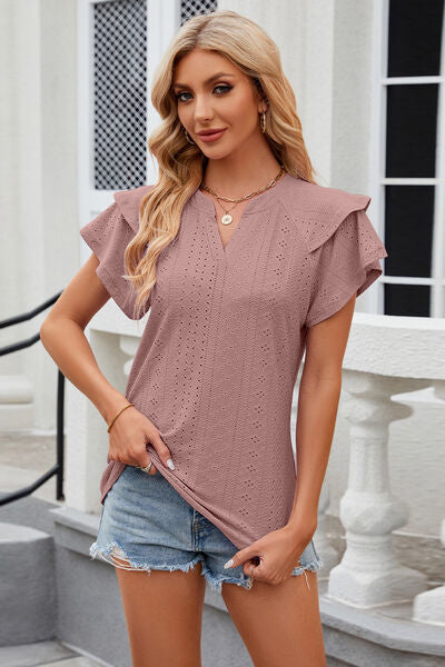 Eyelet Notched Short Sleeve Shirt