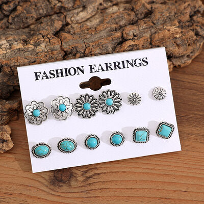 Turquoise Alloy Stud Earrings - 6 pair