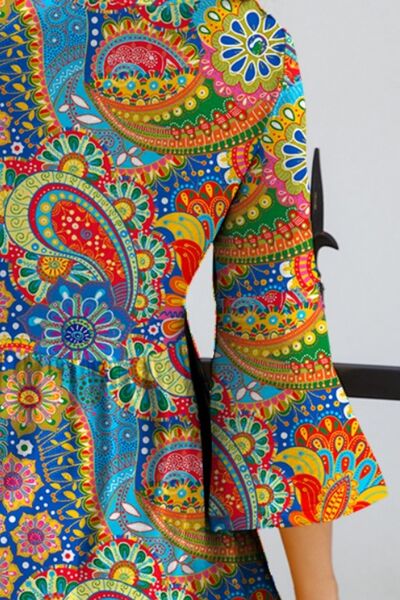 Paisley Print Round Neck Three-Quarter Sleeve Dress