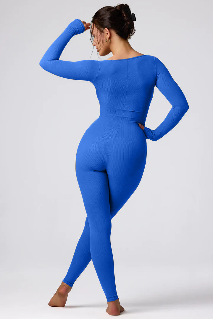 Ribbed Square Neck Long Sleeve Jumpsuit