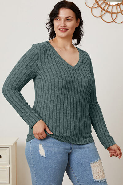 Basic Bae Full Size Ribbed V-Neck Long Sleeve Shirt