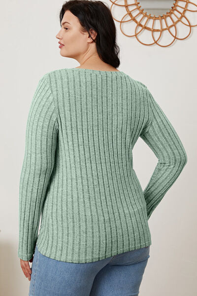 Basic Bae Full Size Ribbed V-Neck Long Sleeve Shirt