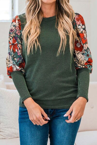 Printed Round Neck Lantern Sleeve Shirt