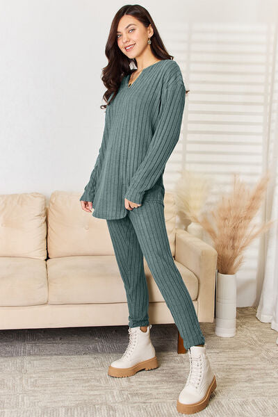 Basic Bae Notched Long Sleeve Top & Bottom Travel Set