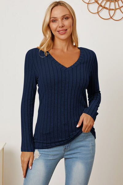 Basic Bae Full Size Ribbed V-Neck Long Sleeve Shirt