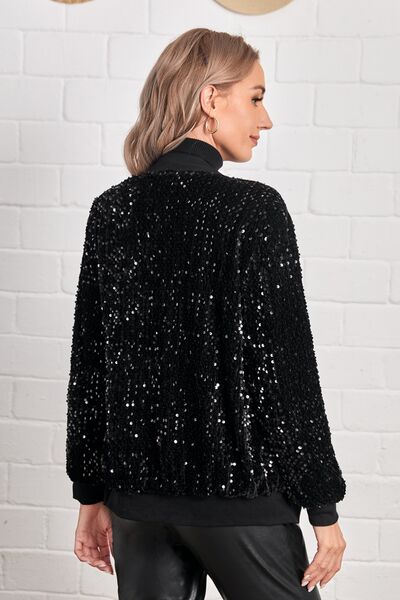 Sequin Baseball Collar Zip Up Jacket