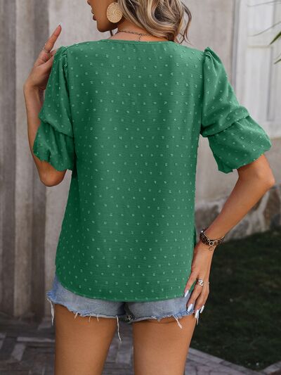 Swiss Dot V-Neck Short Sleeve Blouse