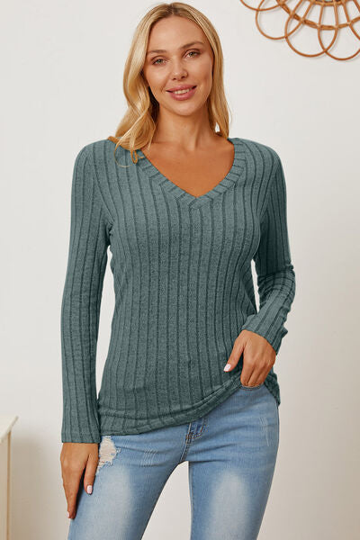 Basic Bae Full Size Ribbed V-Neck Long Sleeve Shirt