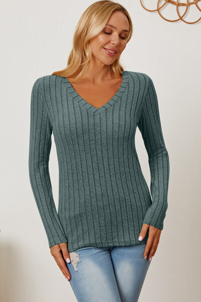 Basic Bae Full Size Ribbed V-Neck Long Sleeve Shirt