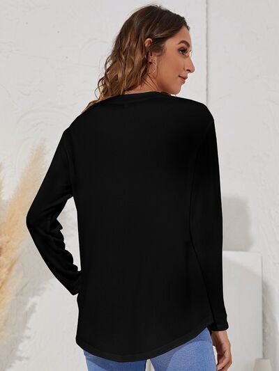 Decorative Button Round Neck Long Sleeve Shirt