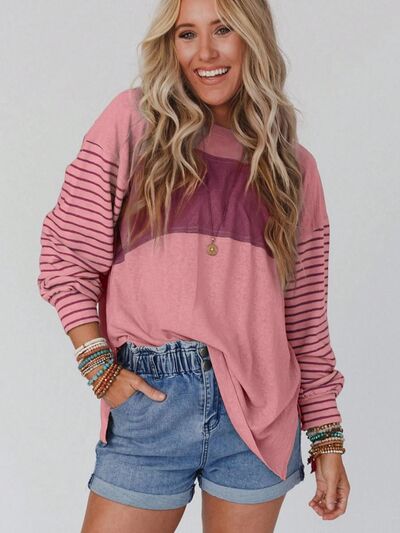 Round Neck Striped Long Sleeve Slit Shirt