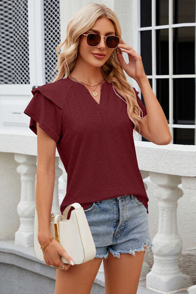 Eyelet Notched Short Sleeve Shirt